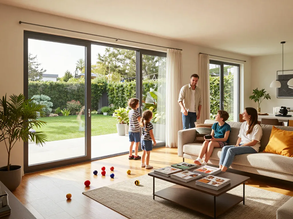 Stilvolles Interieur mit fenster schüco Fenstern, die das natürliche Licht in einem modernen Wohnraum verstärken