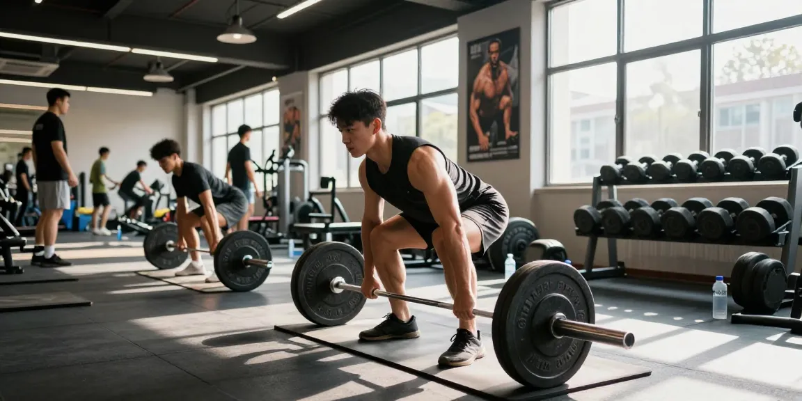 Bodybuilder hebt Gewichte in einem lebhaften Fitnessstudio bei Steroidshop und zeigt Stärke und Fitness.