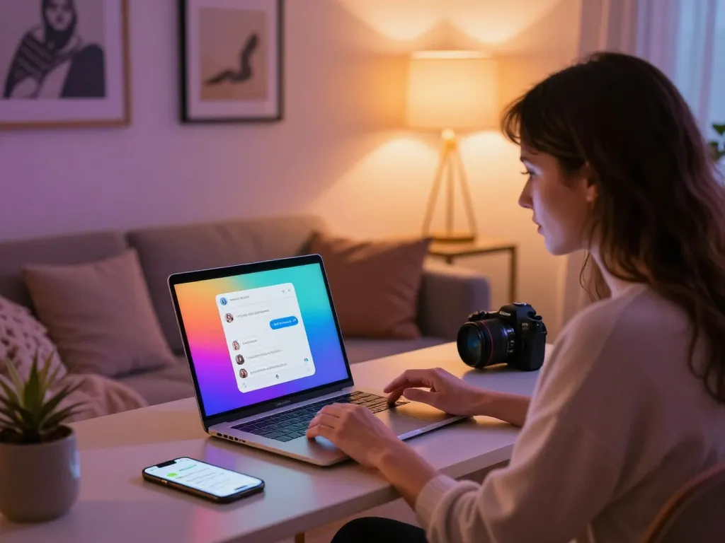 Engaging in sex AI chat on a laptop in a cozy home office setting with LED lights.