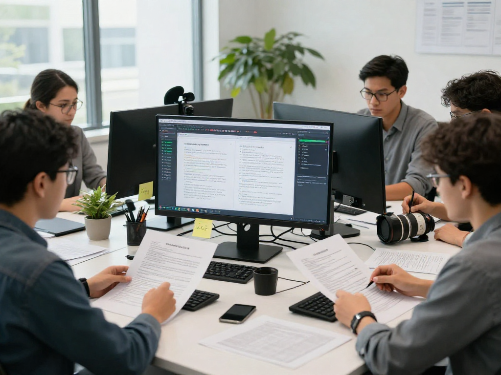 Document fraud detection team analyzing documents in a modern workspace.