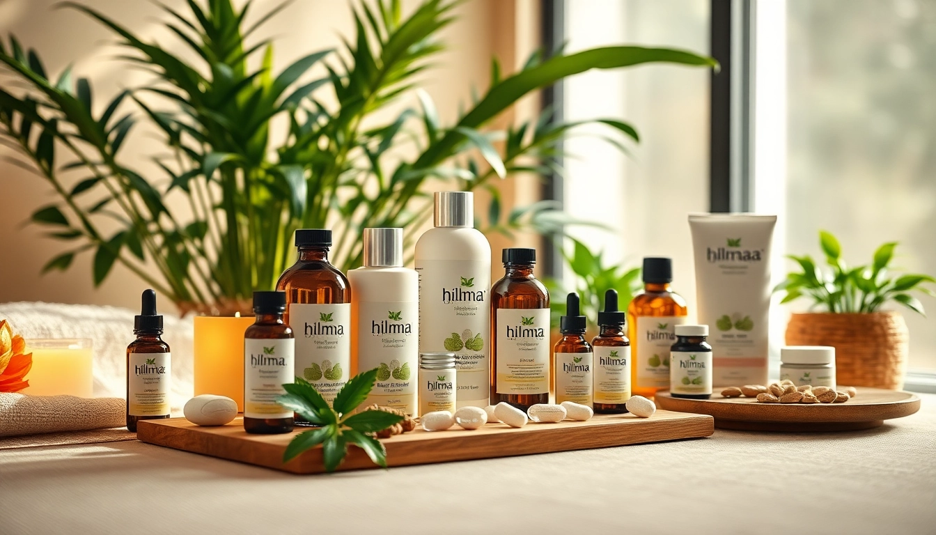hilma biocare Wellnessprodukte ansprechend präsentiert in einem entspannenden Spa-Setting.