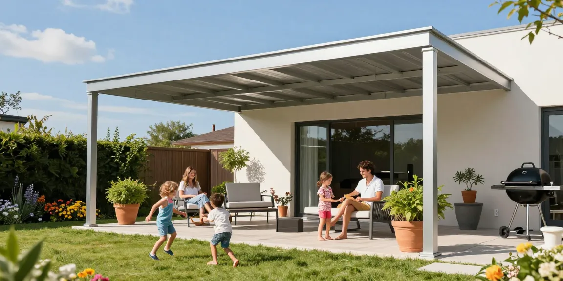 Moderne Terrassenüberdachungen in einem einladenden Garten mit Familie und Pflanzen.