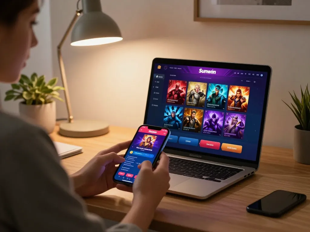 Engaging with the Sunwin app on a smartphone in a cozy home office setting, showcasing online gambling.
