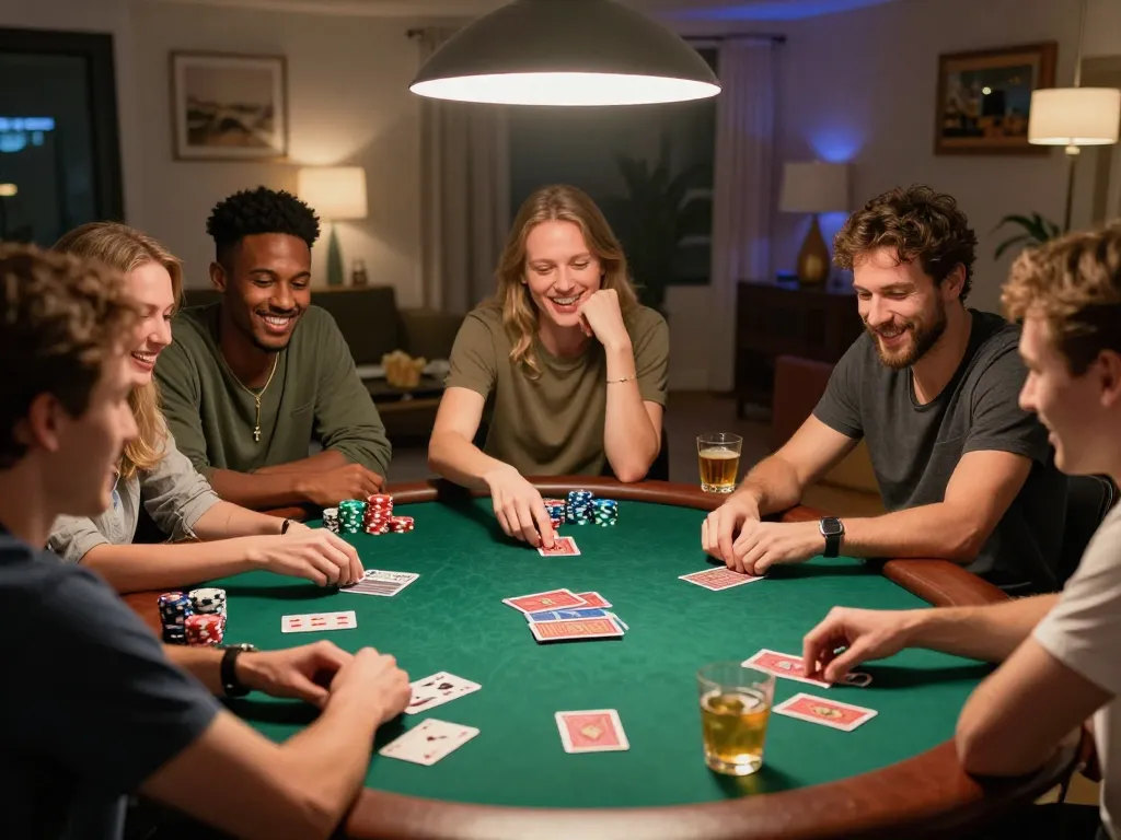 Engaged players at a home poker game enjoy strategic decisions and friendly rivalry in a cozy setting, showcasing sunwin gaming.