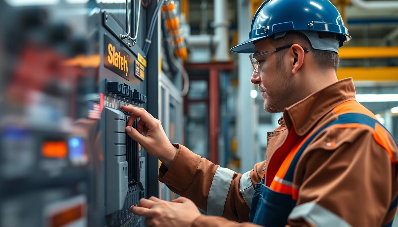 Technician conducting DGUV V3 Prüfung on electrical equipment, ensuring workplace safety and compliance.