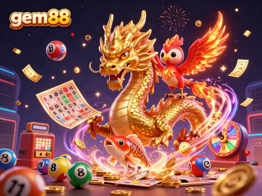 Experience thrilling wins with gem88 featuring a golden dragon, phoenix, and koi fish in a dazzling casino scene.