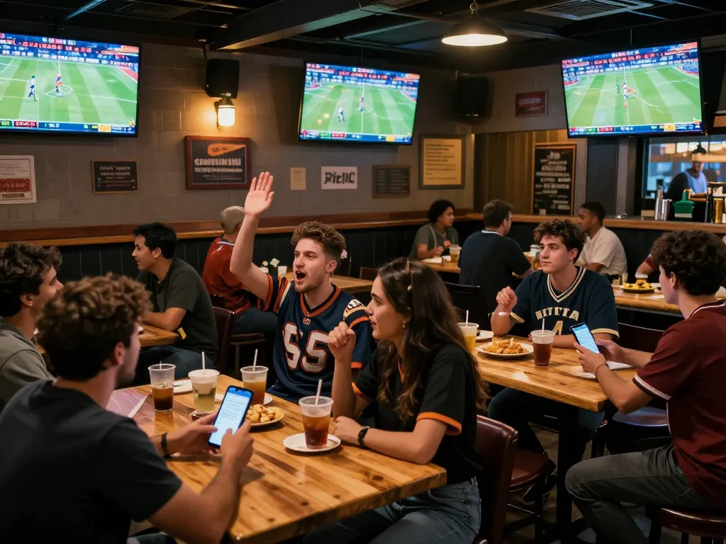 Soi kèo in sports betting excitement, fans cheering and placing bets at a lively bar