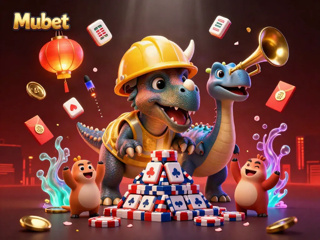 Mubet showcases a vibrant 3D scene with a triceratops building poker chip towers amidst joyful characters, highlighting the exciting casino atmosphere.