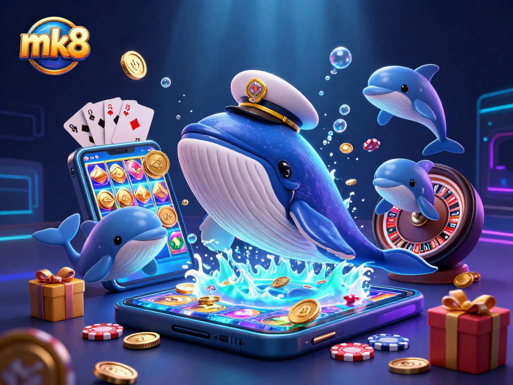 Experience thrilling gambling with mk8 as a whale breaching coins, showcasing exciting gaming elements.