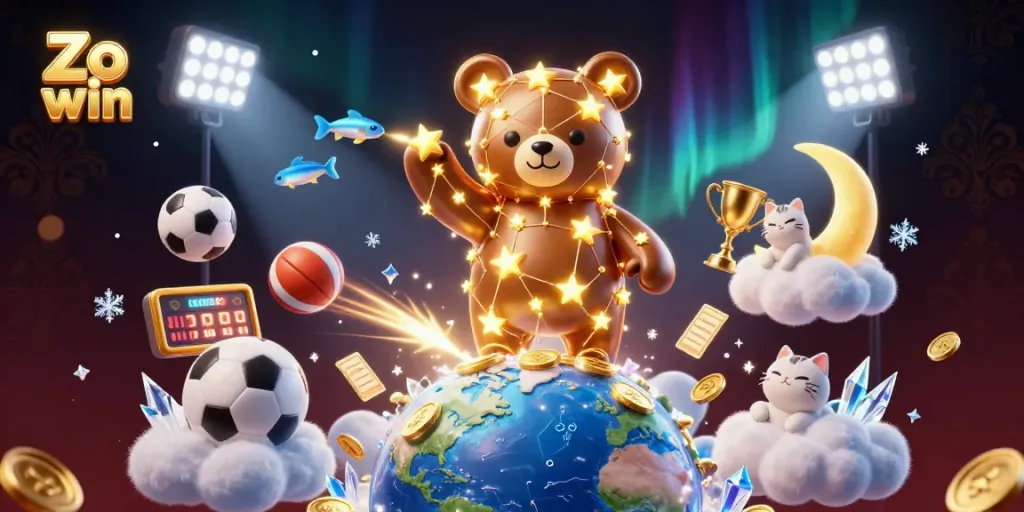 Play and win big with Zo win as the constellation bear scoops up coins in a vibrant casino atmosphere.