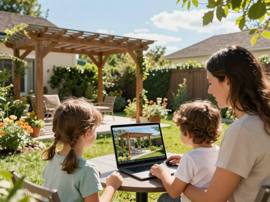 Familie nutzt den Pergola 3D Konfigurator in ihrem Garten, um Designs mit Augmented Reality zu visualisieren.