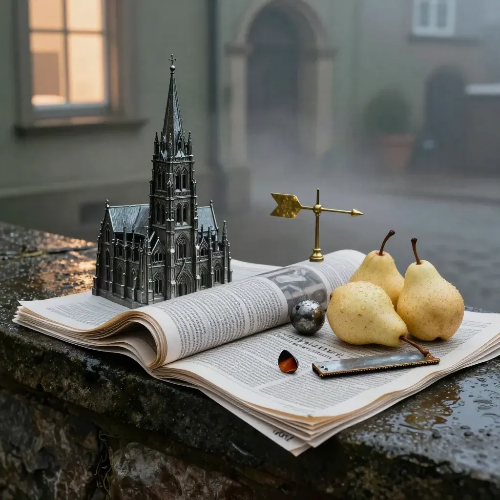 Rollte Regionalzeitungen, Ulmer Münster, Birnen, Ball und Wetterfahne im kalten Morgenlicht.