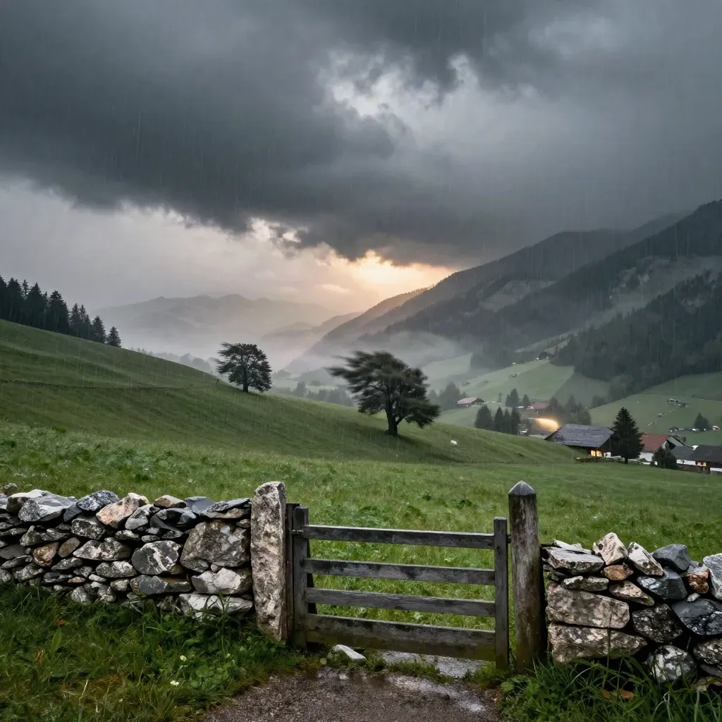 Allgäuer Bergrücken unter Regenfront, dunkle Weide, Windbäume und ein Hofdach