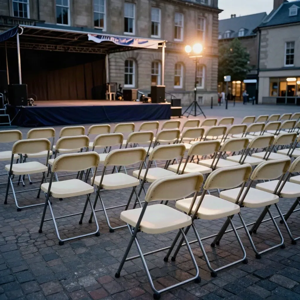Leere Klappstühle und Bühne auf dem Marktplatz vor dem Rathaus bei Dämmerung.