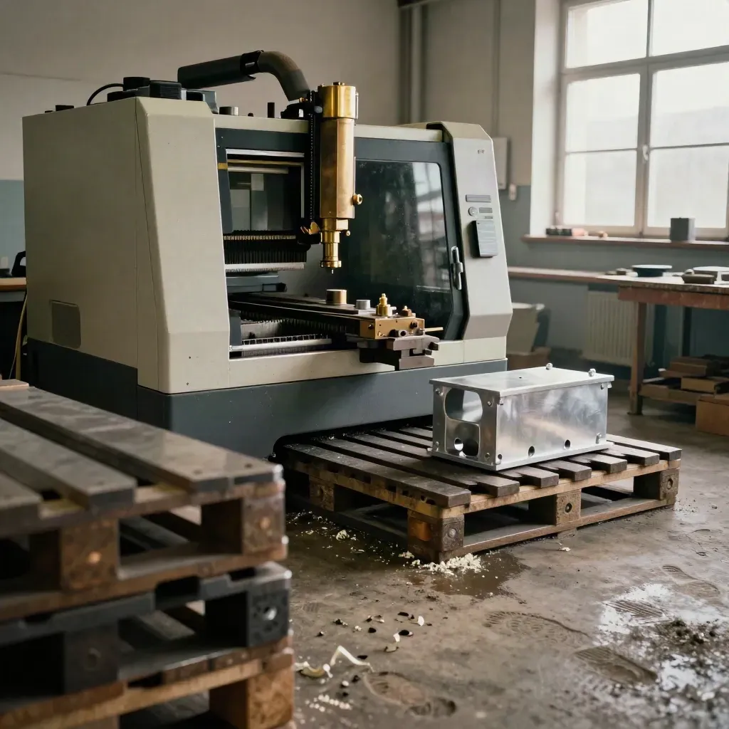 Kleine Metallwerkstatt mit CNC-Maschine, Spänen und halbfertigem Gehäuse im dramatischen Licht.