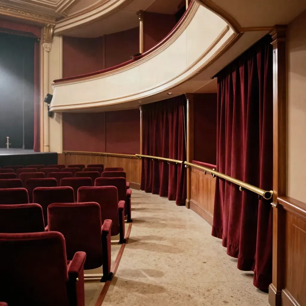Leeres Theaterfoyer mit Samtsitzen, Balkonleiste und Bühnenvorhang im warmen Abendlicht