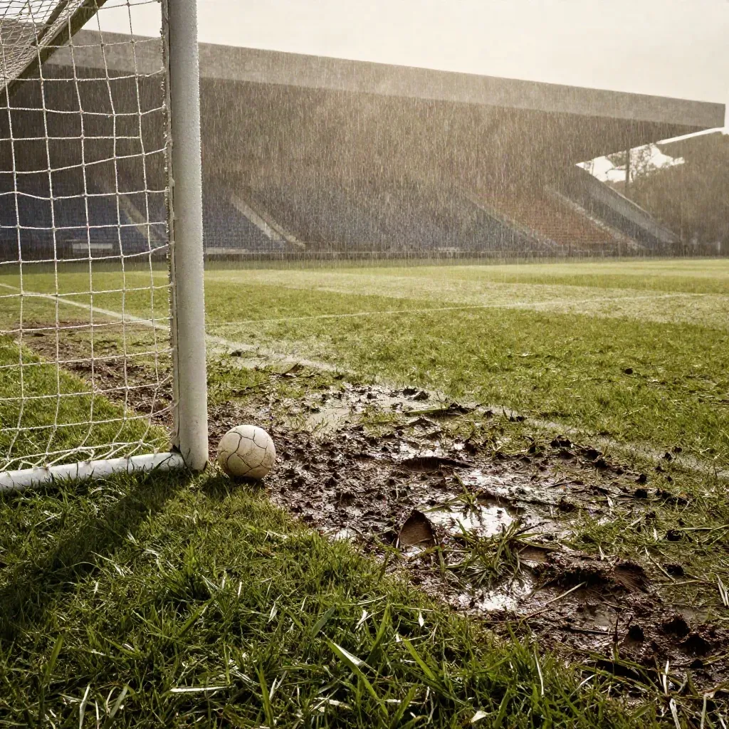 Regennasses Fußballtor mit Ball im Strafraum, Matschspuren und Nebel