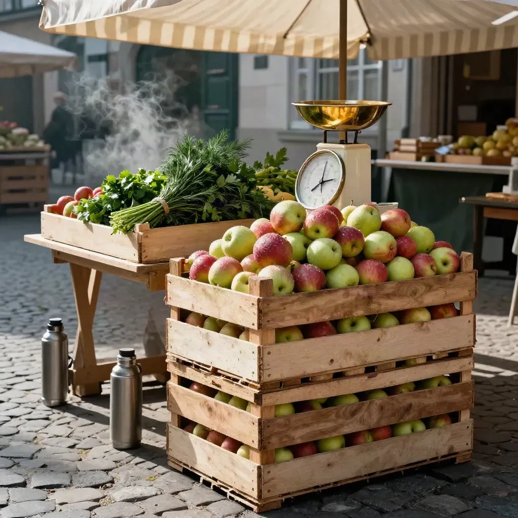 Marktstand mit Apfelkisten, Kräuterbündeln und Kaffeedampf im Morgenlicht.