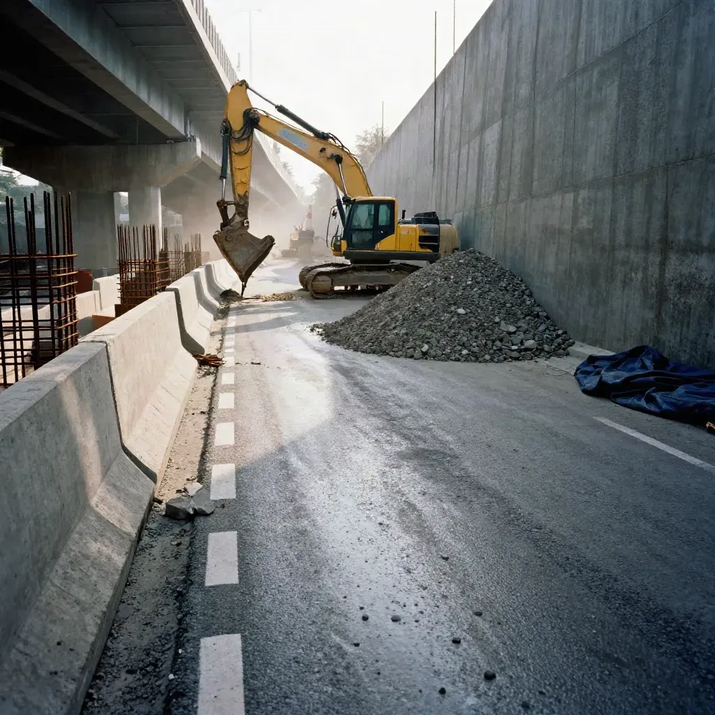 Baustellenkorridor mit Betonbarrieren, Bewehrung und Baggerarm vor einer Brücke im Staub