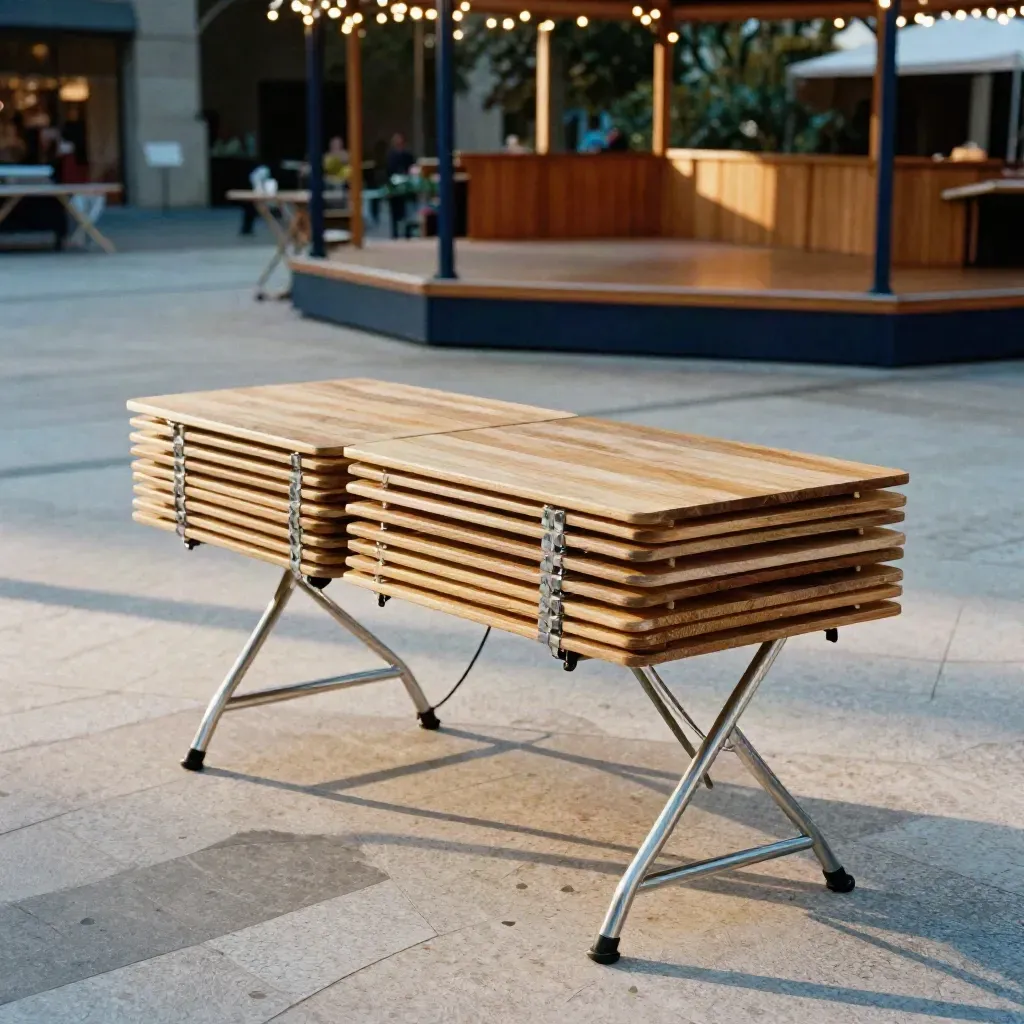 Leere Marktplatzszene mit Bandstand, Lichtermasten und zusammengeklappten Marktständen im Morgenlicht.