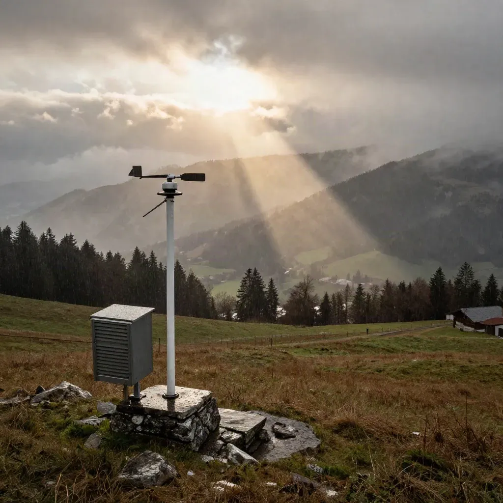 Wetterstation am Allgäuer Hang über regennasser Weide und tiefer Wolkenkante.