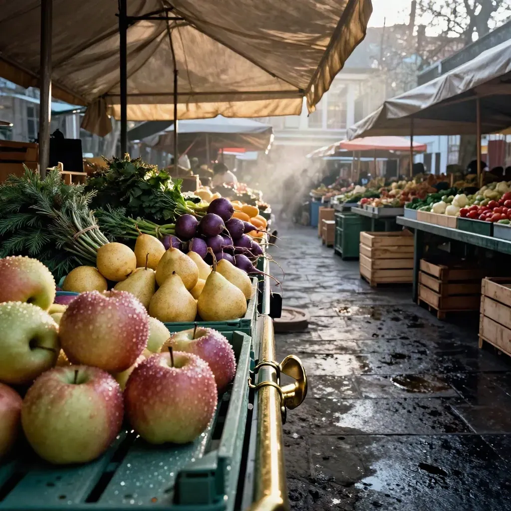 Marktgang mit Obstkisten, Kräutern und leichtem Dampf im Morgenlicht