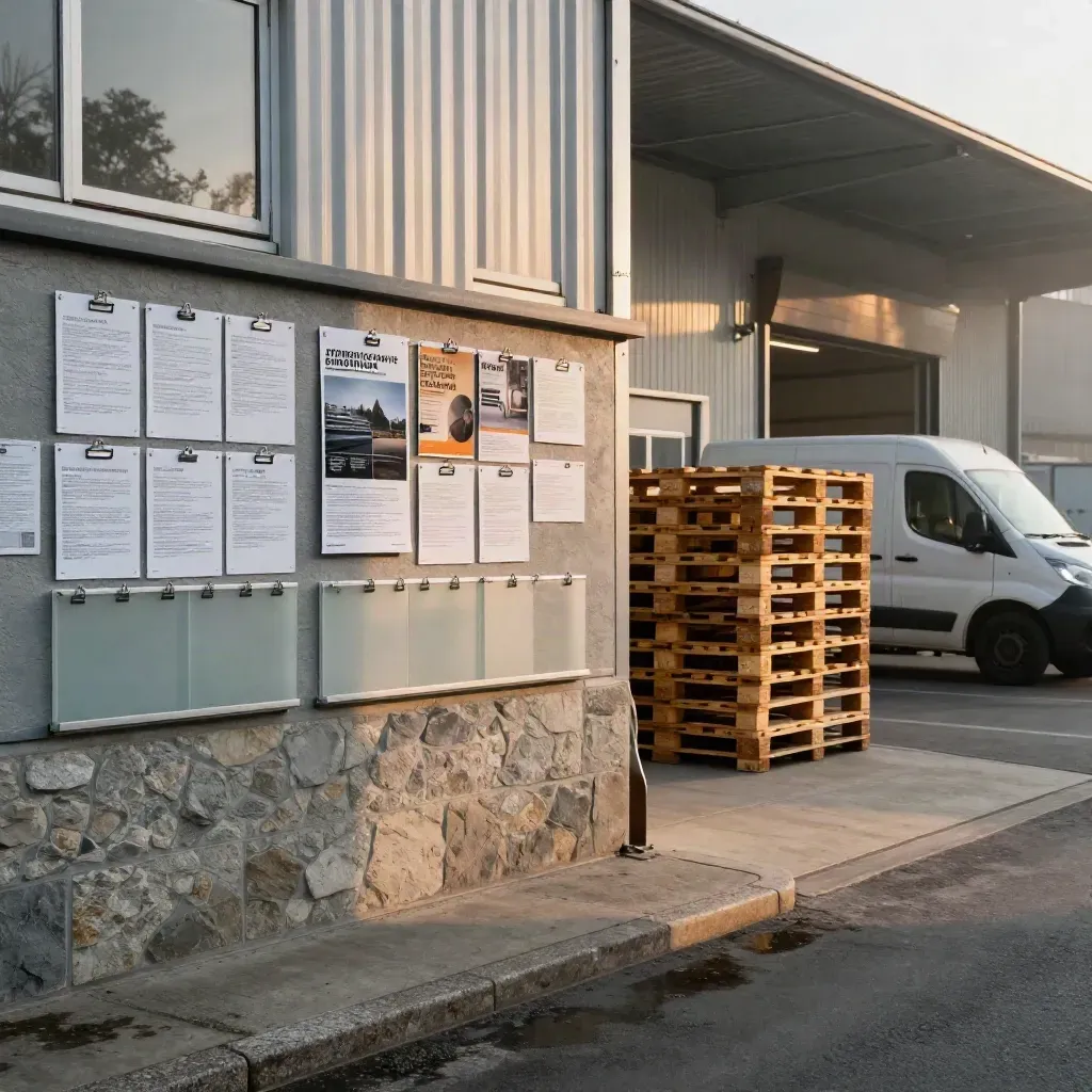 Aushangtafel vor Industriepark, Lieferwagen und Paletten an einer Laderampe im Morgennebel.