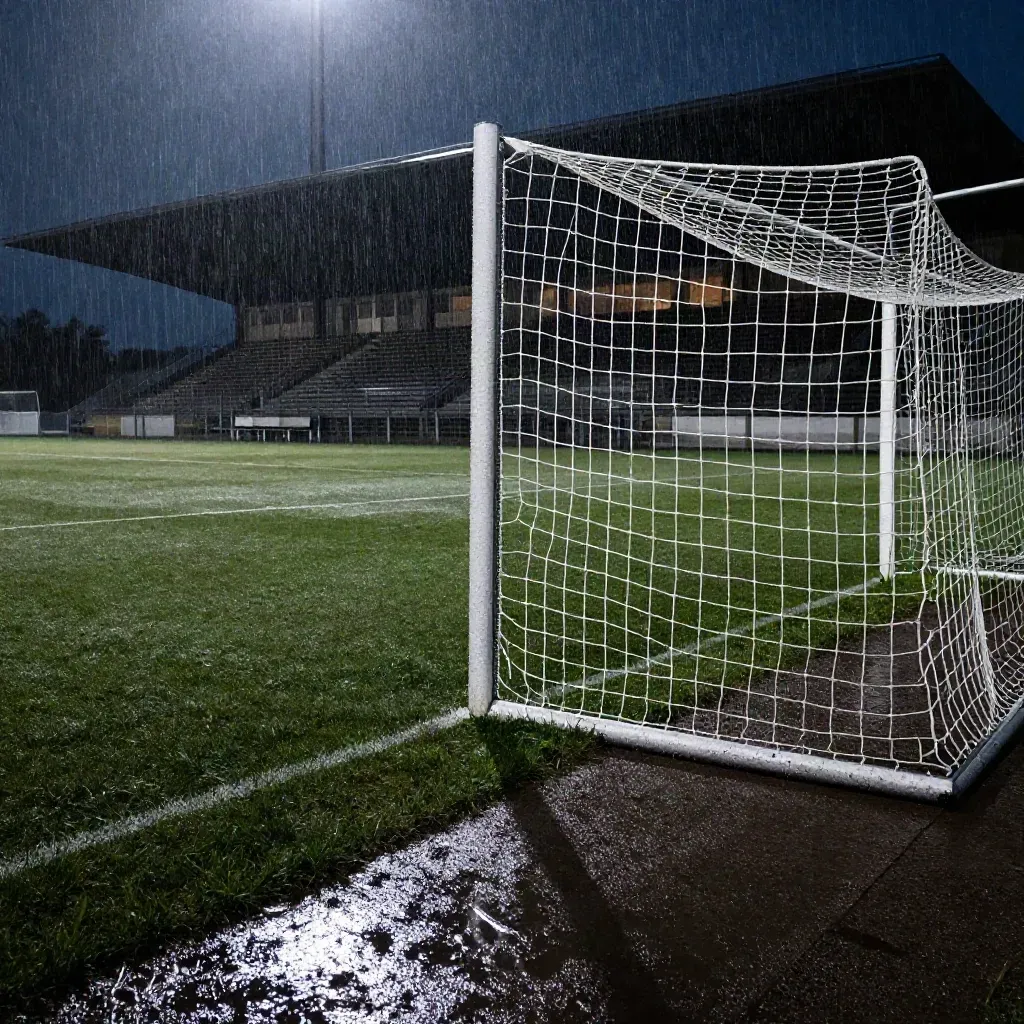 Nasser Fußballplatz mit Tornetz, Bank und Flutlicht im Regen
