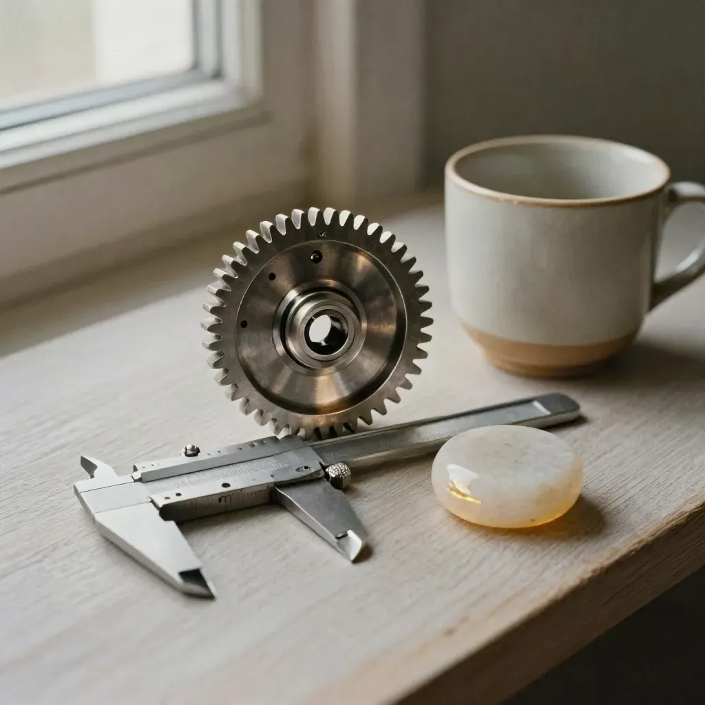 Zahnrad, Messschieber, Papiergewicht und Keramiktasse auf hellem Holz im weichen Licht.