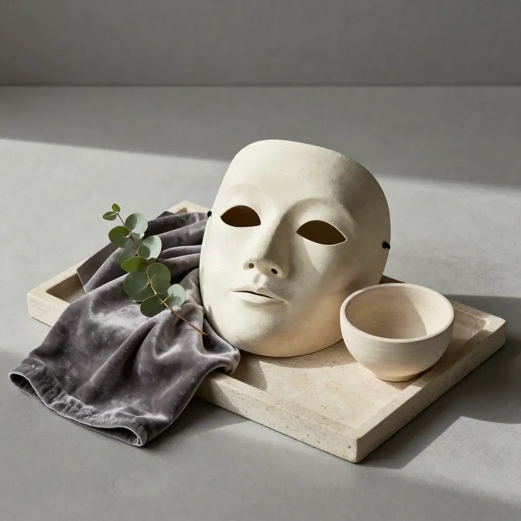 Theatermaske mit Samttuch, Eukalyptus und Keramikschale auf Steinplatte.