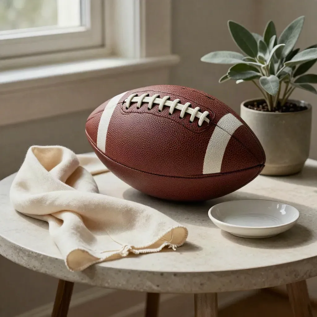 Alter Lederfußball mit Schal, Schale und Pflanze auf hellem Sideboard.