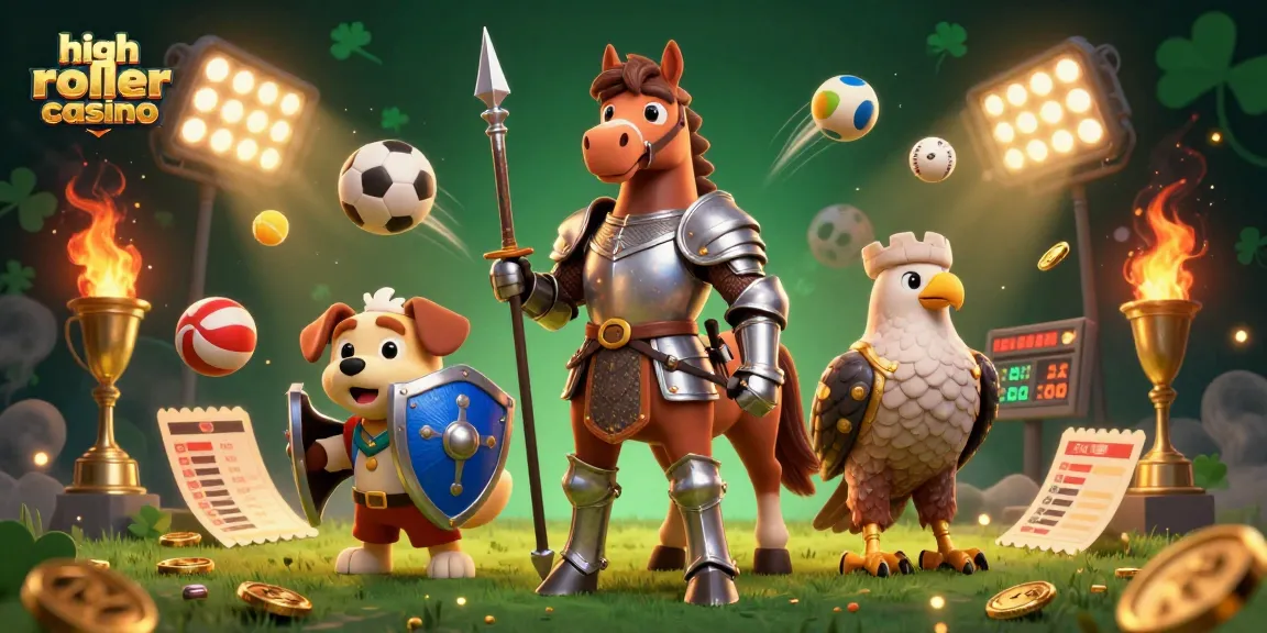 Experience the excitement of a high roller casino with knights, coins, and sports action.