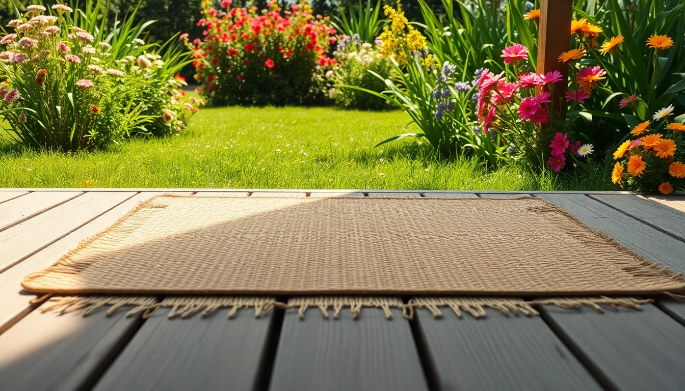 Hanfmatte in einem sonnigen Garten mit natürlichen Elementen, die ihre Schönheit betonen.