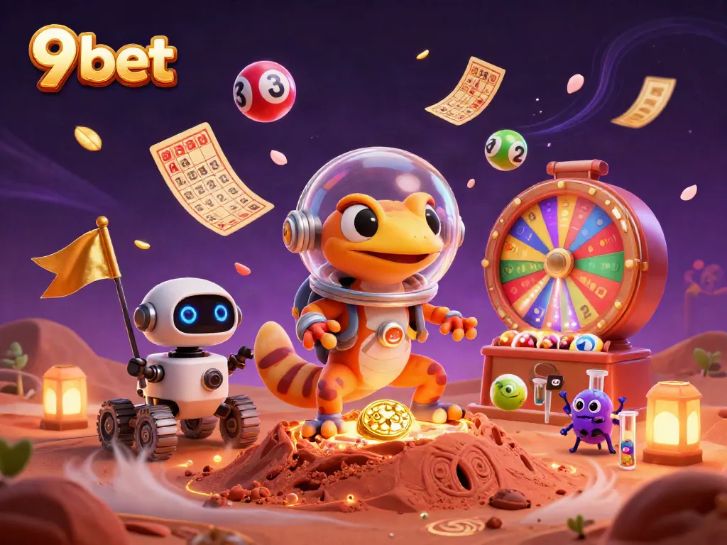 Experience the excitement of 9 bet with a vibrant casino scene featuring Martian adventures and colorful lottery elements.