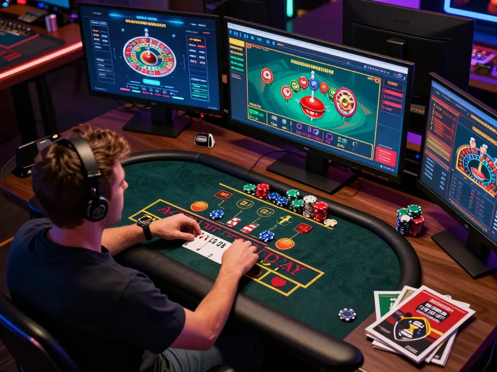 Engaging online gambling scene at https://ok904.com/ with player focused on live blackjack and roulette games.