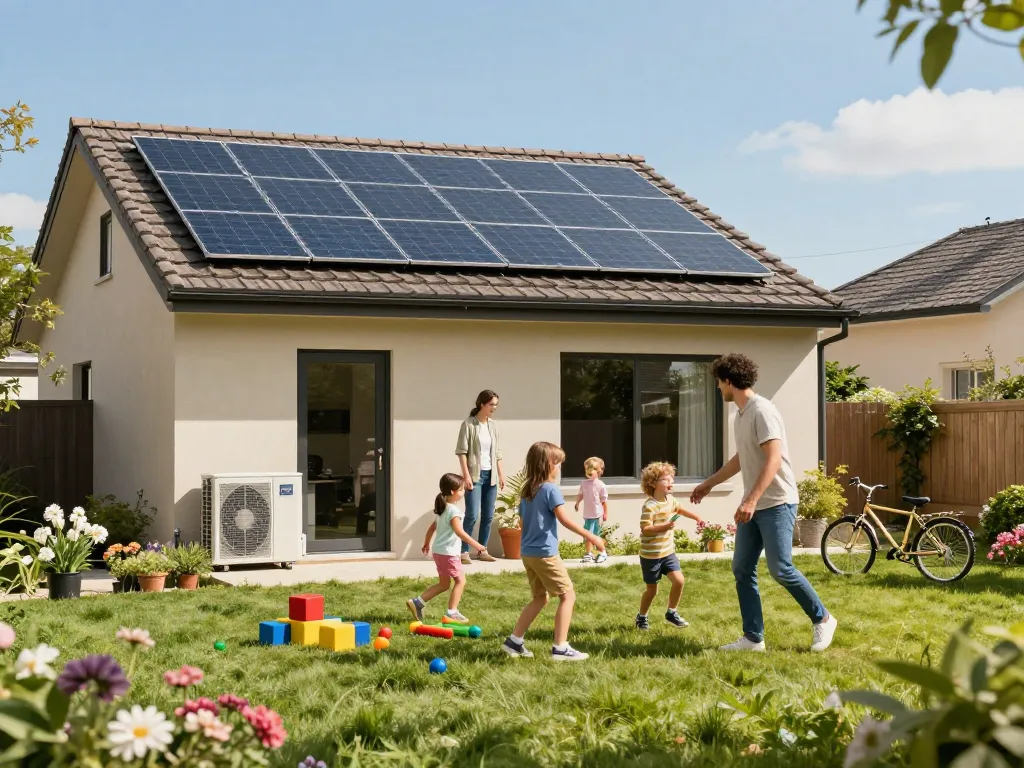 Familie genießt die Natur mit einer Photovoltaik Bayern Solaranlageninstallation auf ihrem Haus.