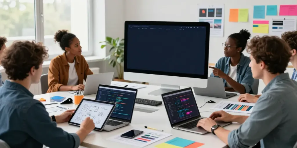 Webdesign Saarland: Kreatives Team entwickelt innovative Webseiten in modernem Büro.