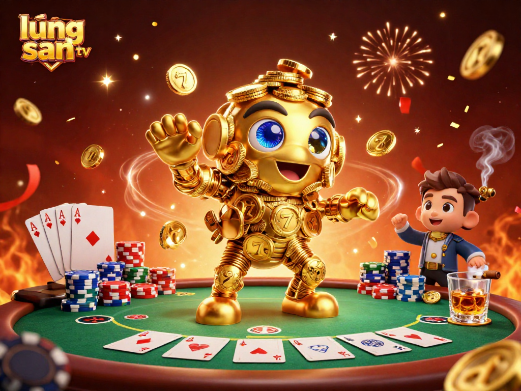 Experience thrilling gameplay on lương sơn tv with a golden golem surrounded by vibrant poker elements.