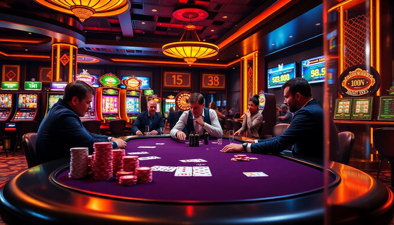 33WIN Casino scene showcasing high-stakes poker action with vibrant slot machines and roulette wheels.