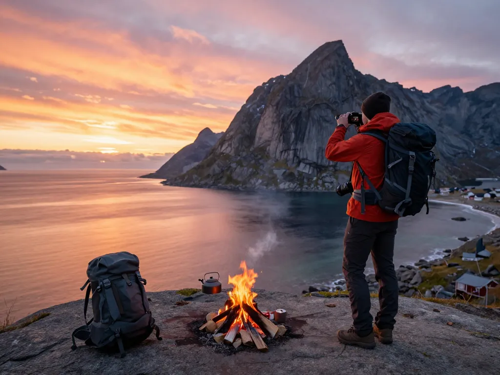 Skandinavien Reisetipps, die einen Reisenden bei Sonnenuntergang auf den Lofoten zeigen, und dabei Abenteuer in der Natur und landschaftliche Schönheit hervorheben.