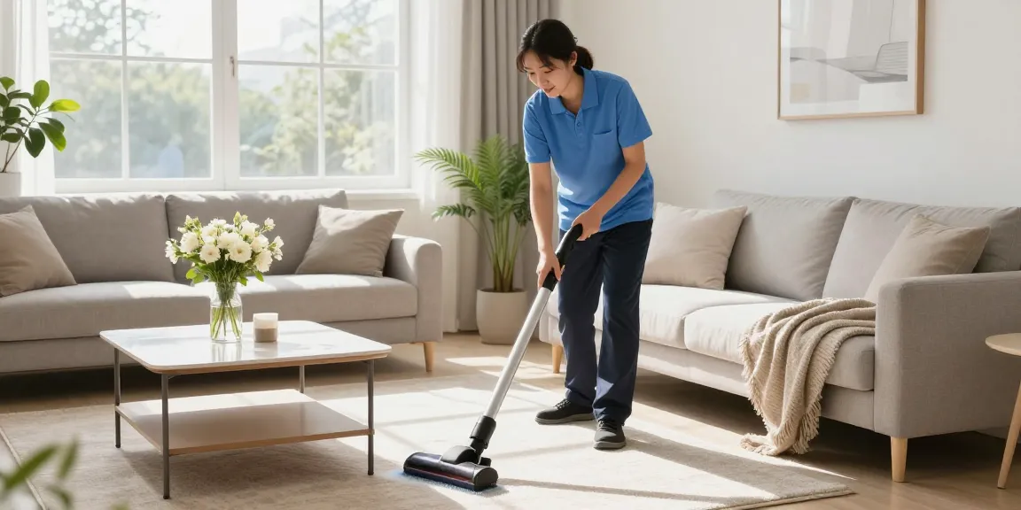 Professional cleaner ensuring a spotless home with a reinigung offerte focusing on carpet care and bright interiors.