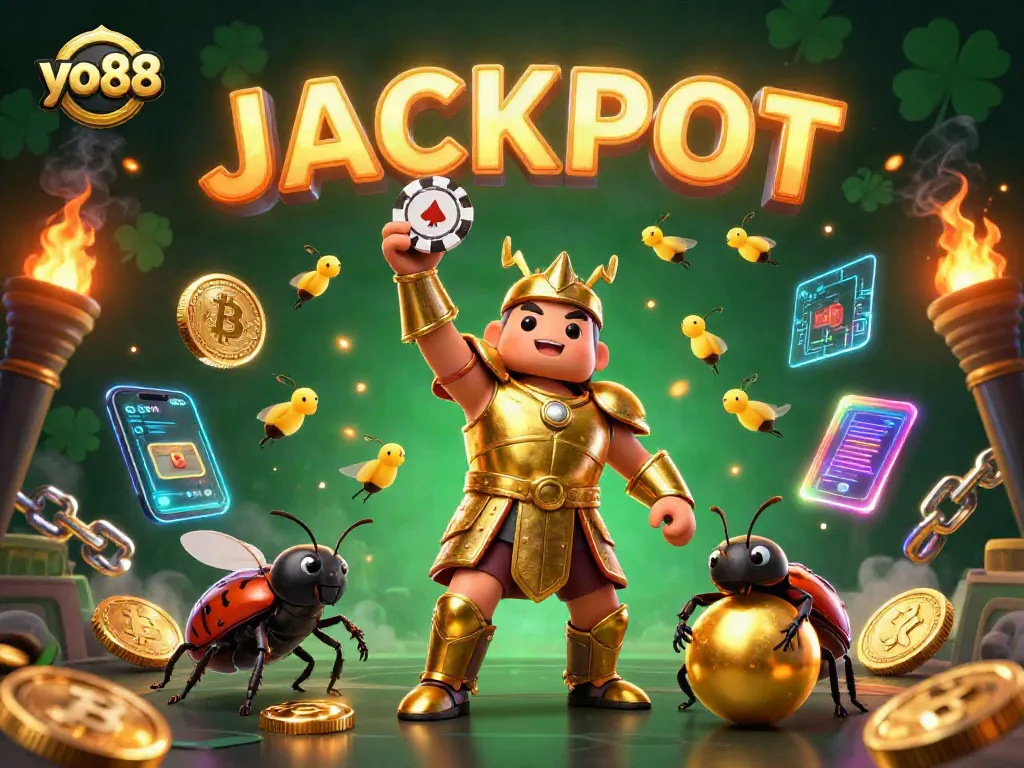 yo88 captures the excitement of winning with a decorated hercules beetle and jackpot celebration in a vibrant casino scene