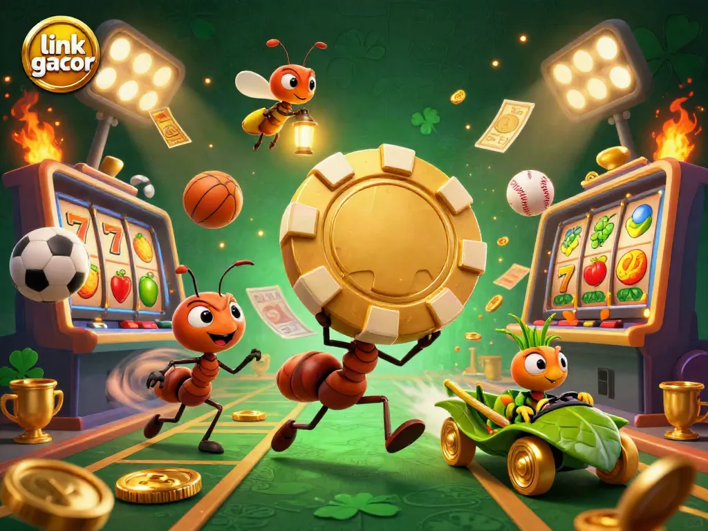 Engage with link gacor through an energetic scene of ants heisting a golden poker chip in a dynamic casino environment.