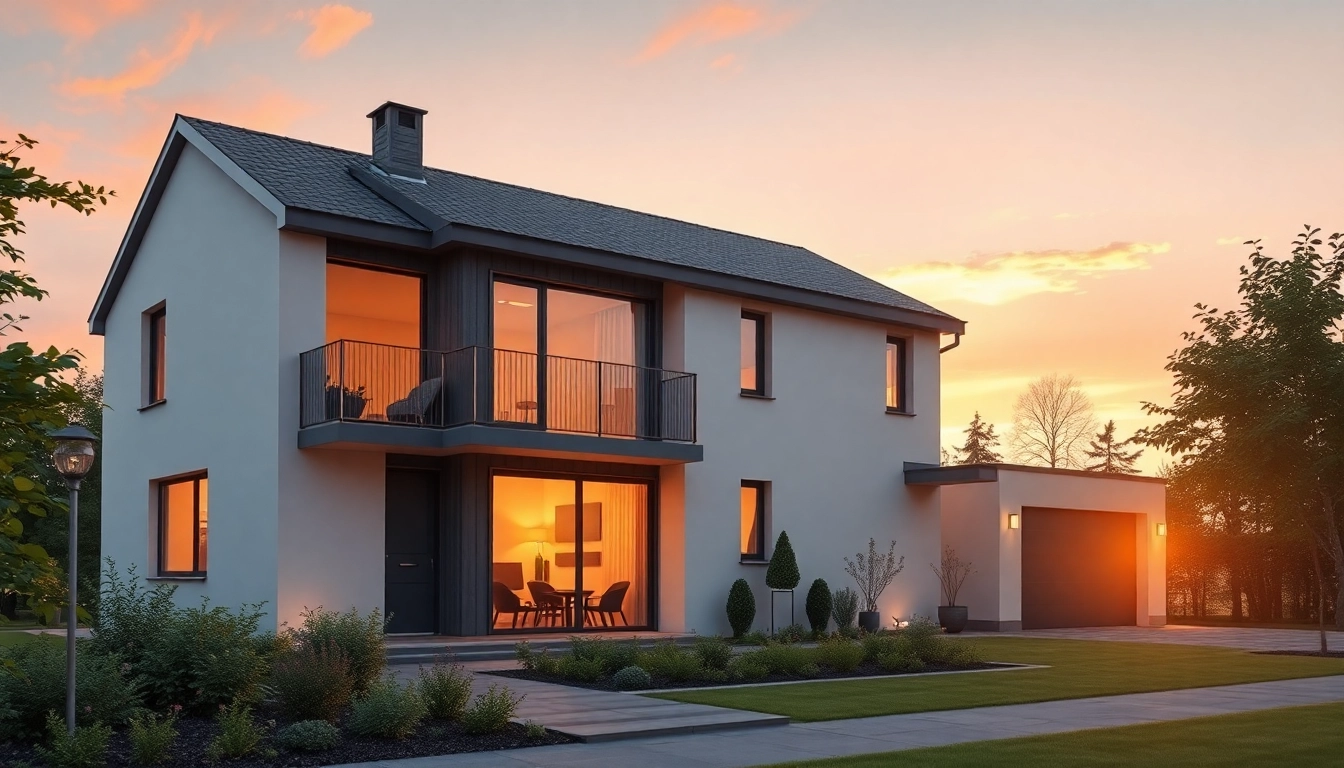 Modernes 3D Visualisierung eines Wohnhauses mit schönen Garten bei Sonnenuntergang.