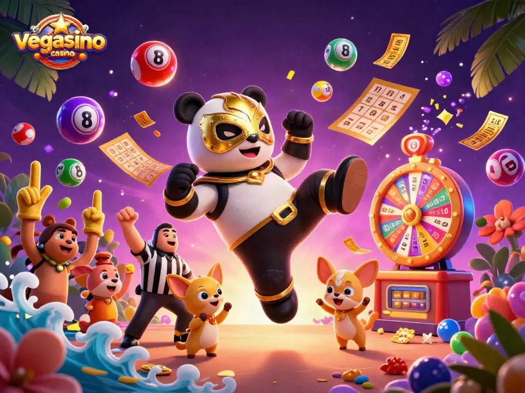Experience excitement at vegasino casino with colorful lottery elements and engaging characters in a lively scene.