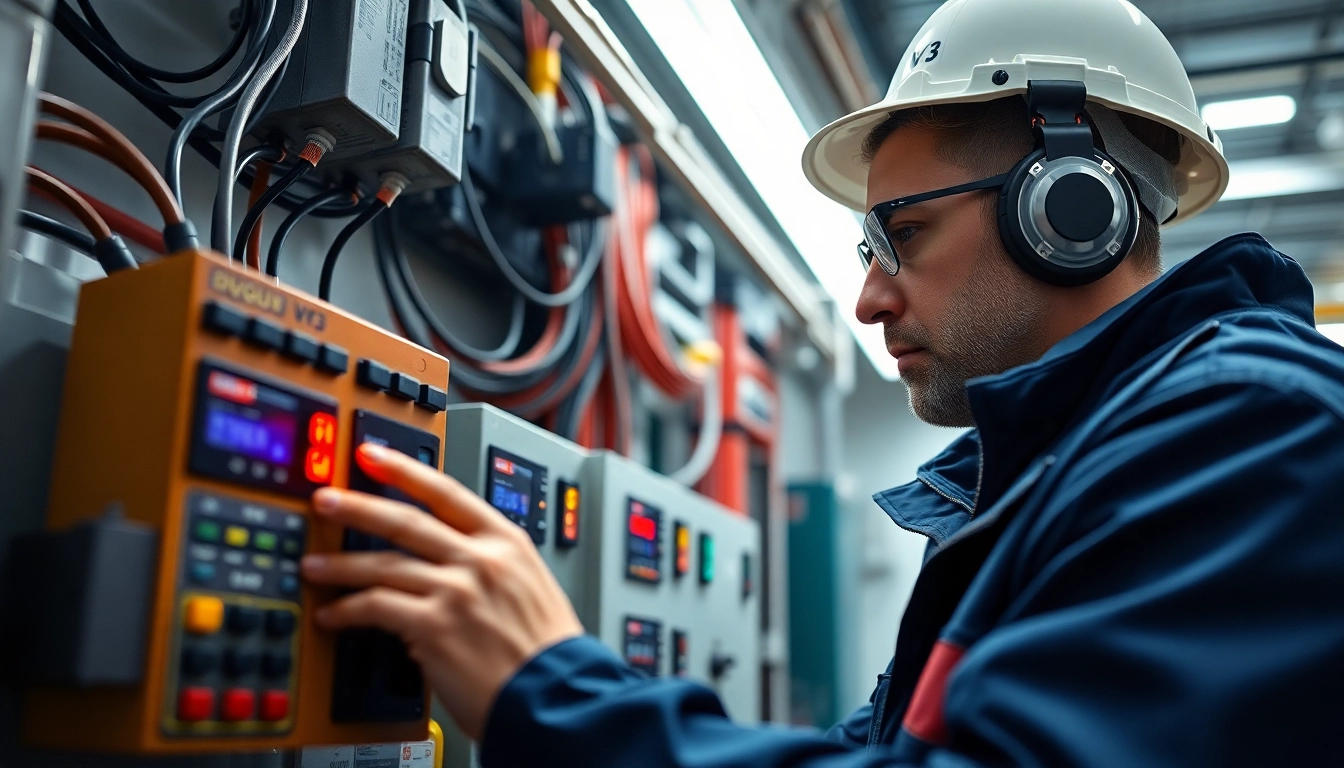 Technician performing a DGUV V3 Prüfung on electrical equipment for workplace safety