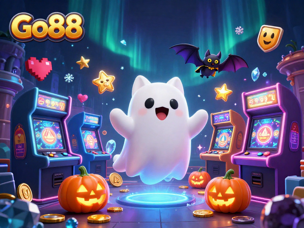 Engage with Go88's friendly ghost cat as it ventures through a haunted casino, surrounded by glowing gaming elements.