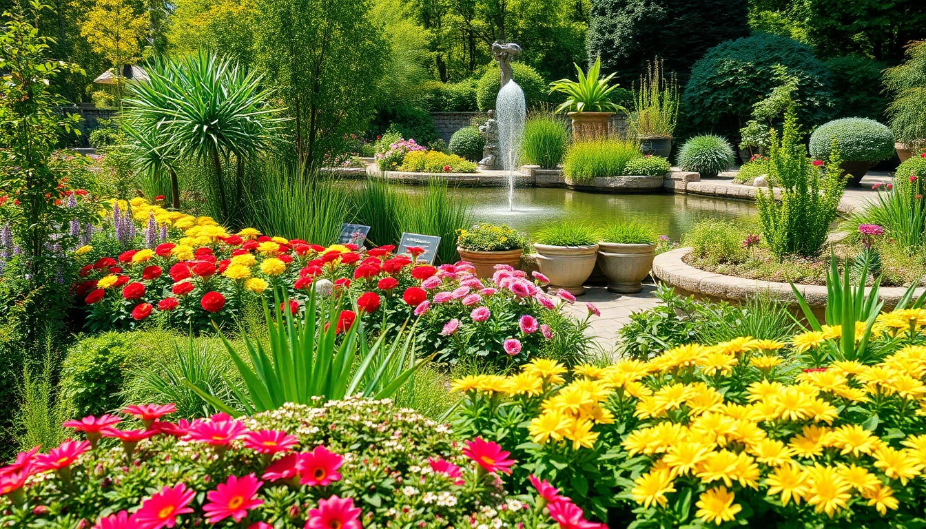 Gartenbaubetrieb zeigt lebendige Gartenlandschaft mit bunten Blumen und Pflanzen.