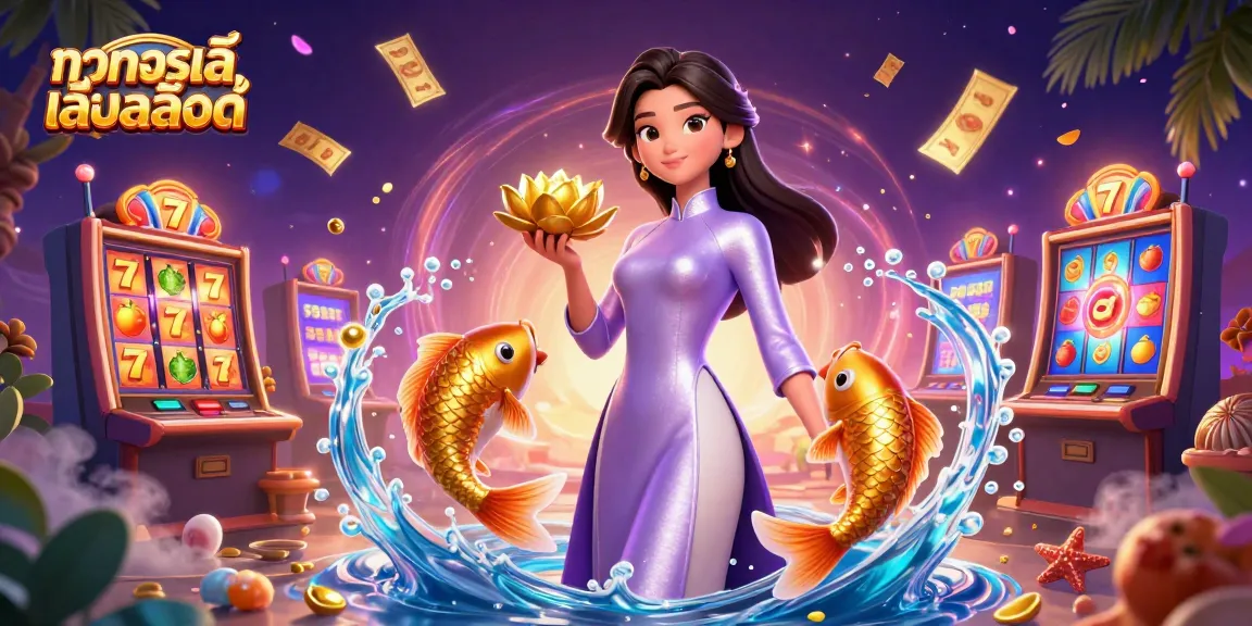 Engaging ทดลองเล่นสล็อต scene with vibrant golden koi fish and dynamic slot game elements.