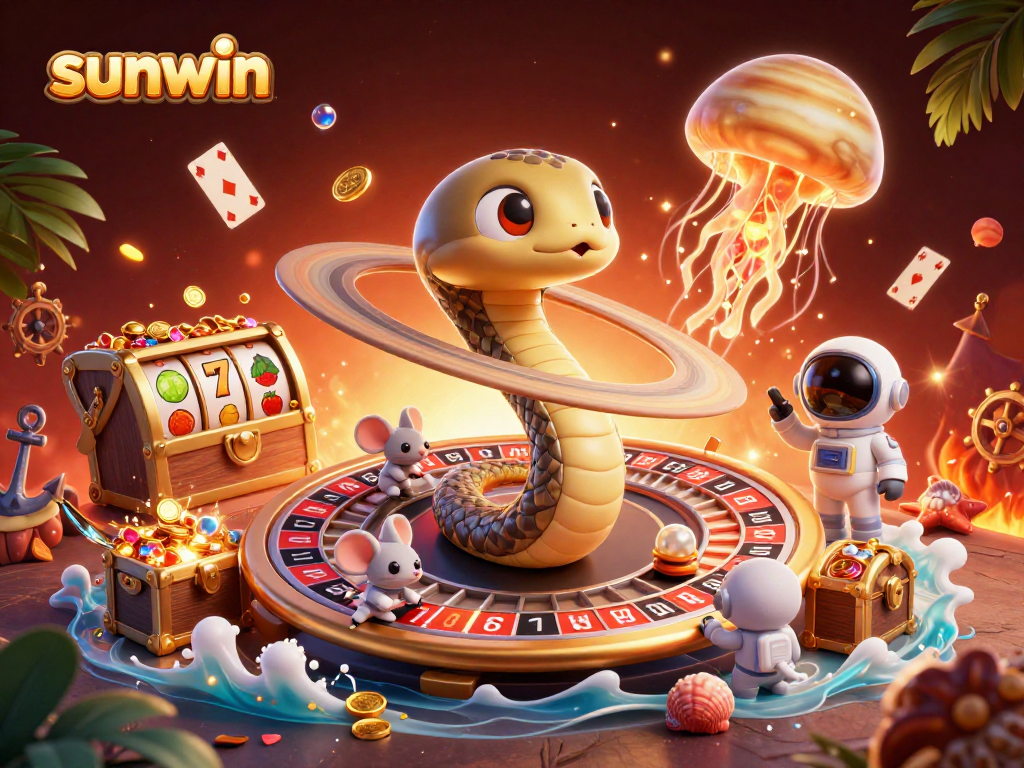 Experience sunwin's vibrant gaming scene: a Saturn ring snake roulette and astronaut mice betting.